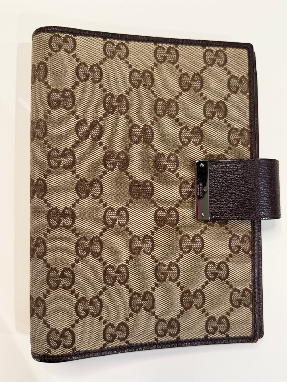 Gucci Beige and Brown GG Canvas Notebook Cover with Snap Strap